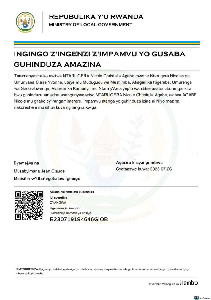 Itangazo ryo guhinduza amazina