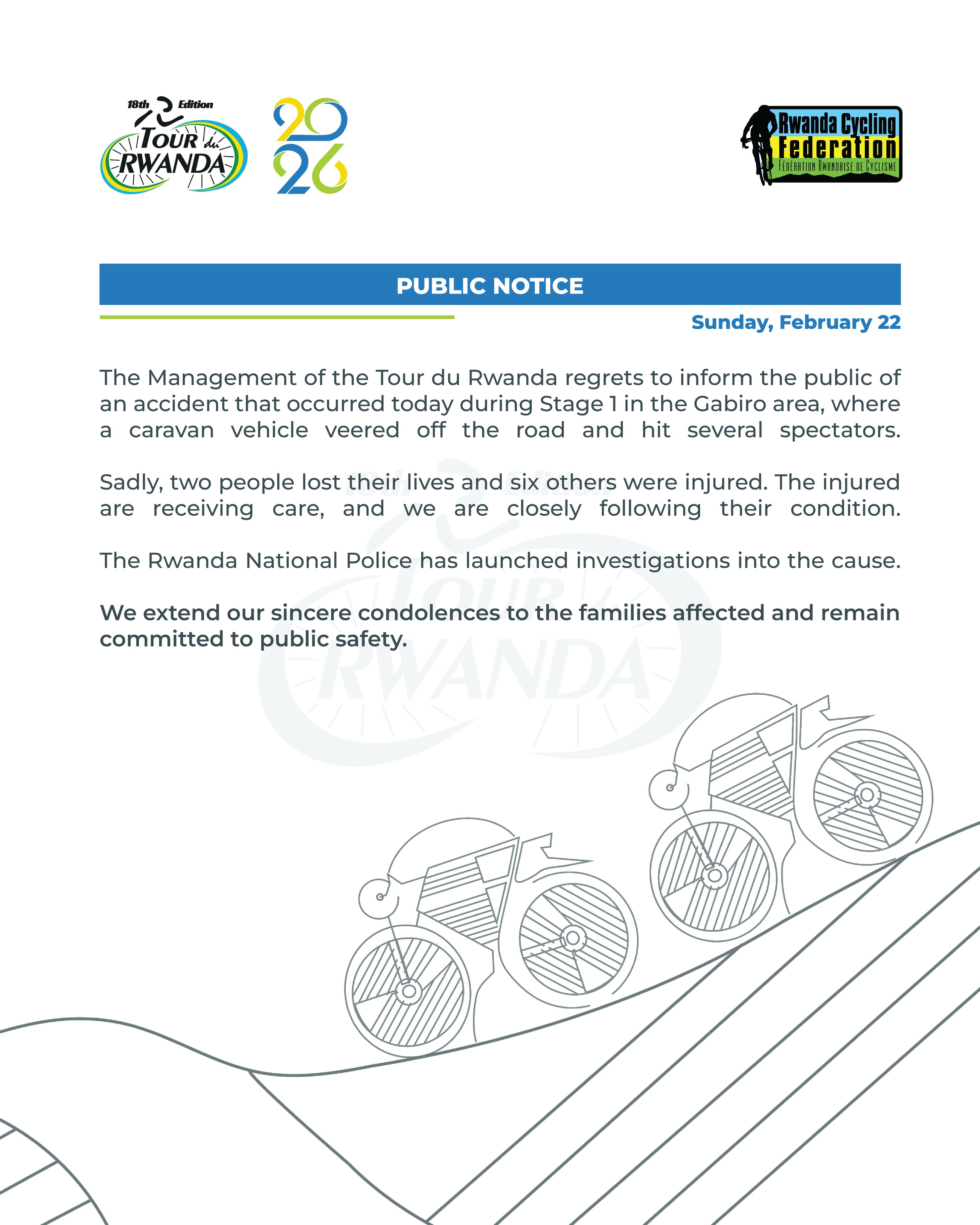 Abantu babiri bishwe n'impanuka ku munsi wa mbere wa Tour du Rwanda