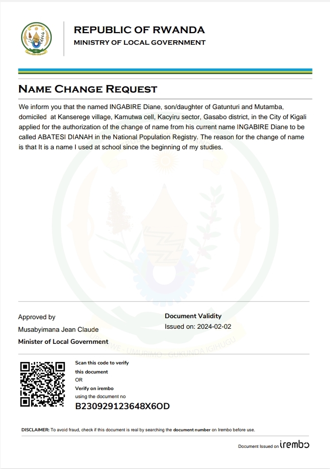 Itangazo ryo guhinduza amazina