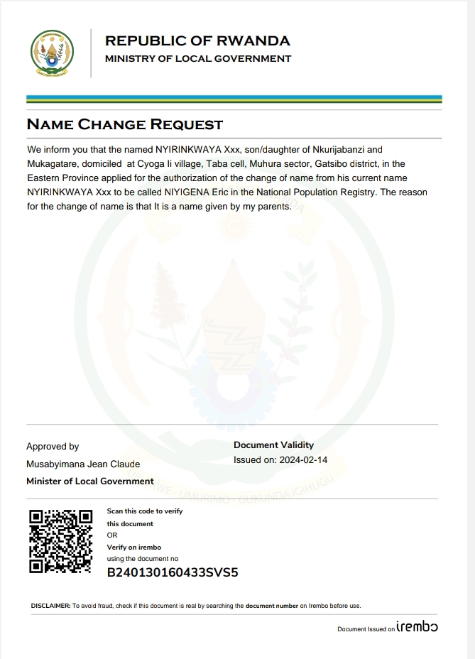 Itangazo ryo guhinduza amazina