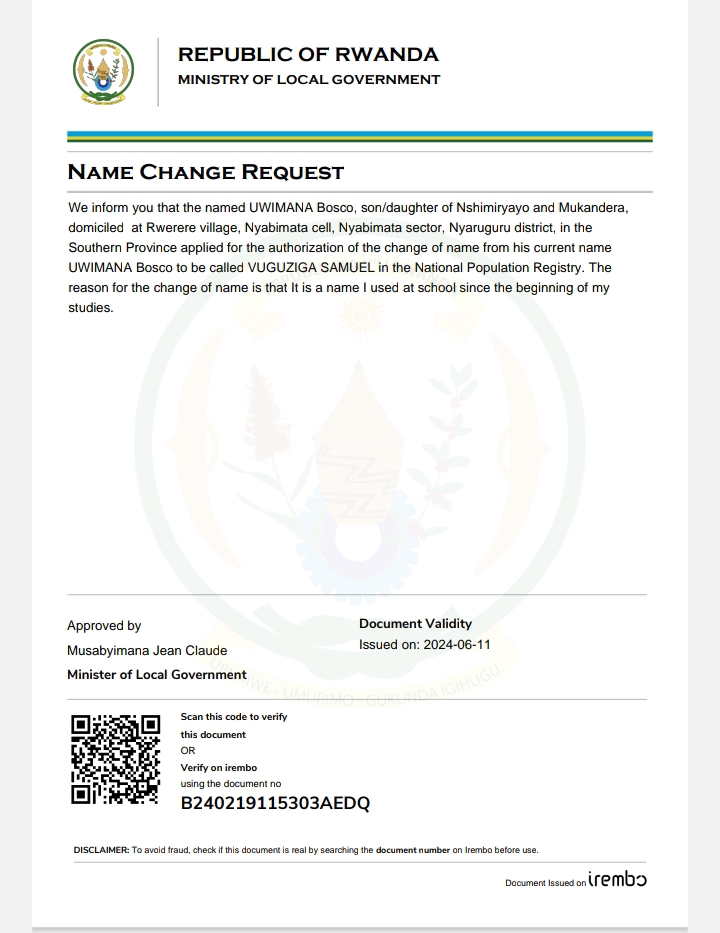 Itangazo ryo guhinduza amazina